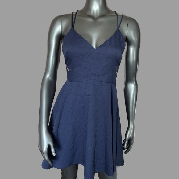 NWOT Navy V-Neck Criss-Cross Spaghetti Strap A-Line Cut-Out Mini Dress - Picture 1 of 10